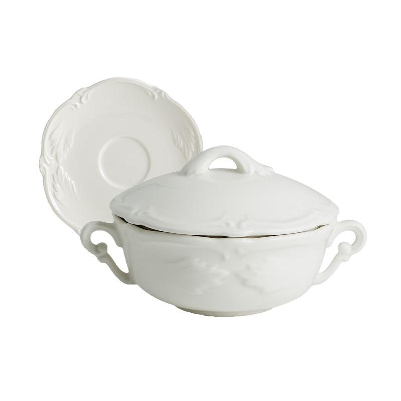 Boite/2 Tasses et soucoupes à bouillon couvertes  Rocaille blanc - Gien