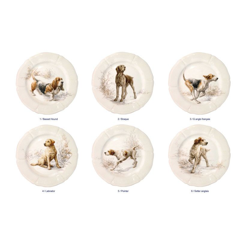 Boite/6 Assiettes dessert Chiens assorties 1631B6CD26 Sologne - Gien
