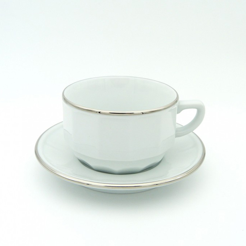 Boite/6 tasses et soucoupes à chocolat blanche bord platine 006733 Flora Apilco - Deshoulières