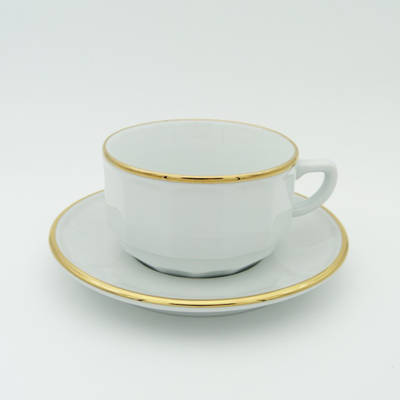 Boite/6 tasses et soucoupes à déjeuner blanche bord or 006764 Flora Apilco - Deshoulières