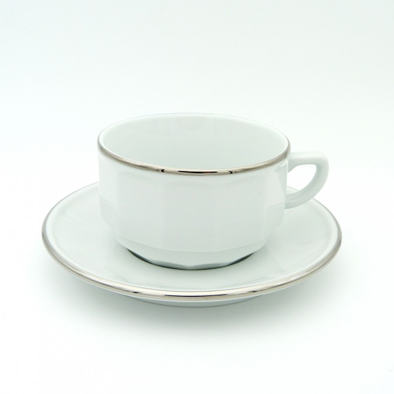 Boite/6 tasses et soucoupes à déjeuner blanche bord platine 006748 Flora Apilco - Deshoulières