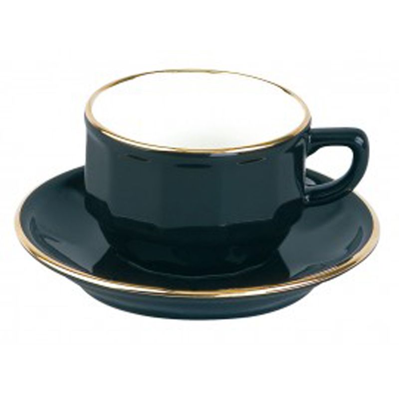 Boite/6 tasses et soucoupes à déjeuner noire bord or 006766 Flora Apilco - Deshoulières