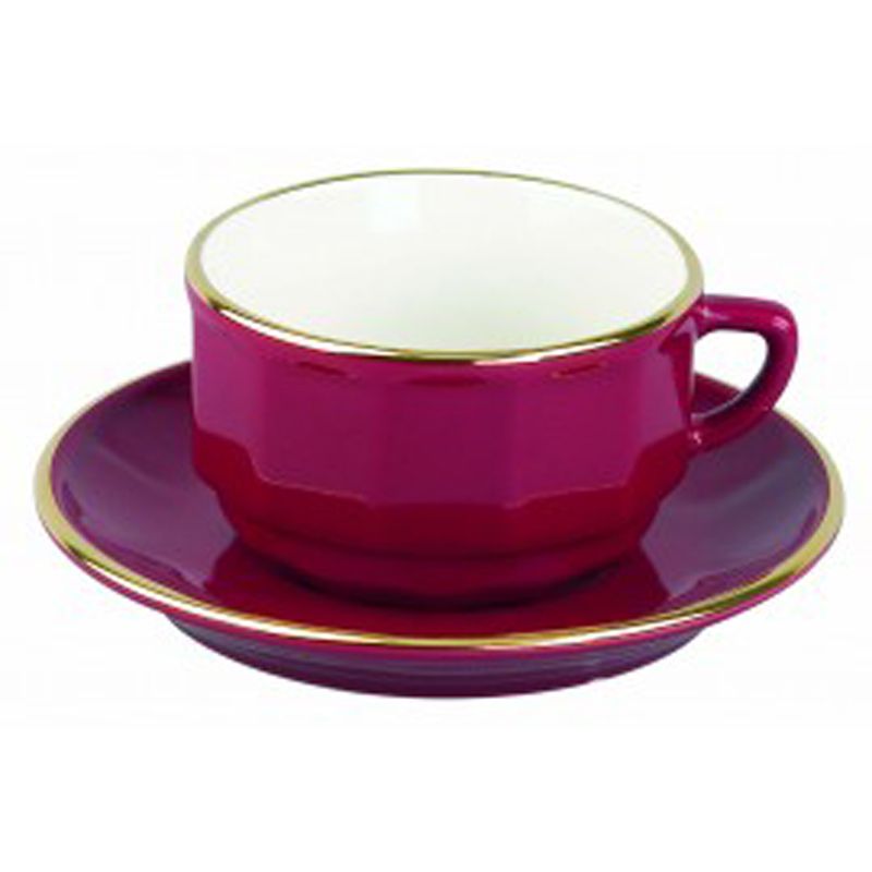 Boite/6 tasses et soucoupes à déjeuner rouge bord or 006741 Flora Apilco - Deshoulières