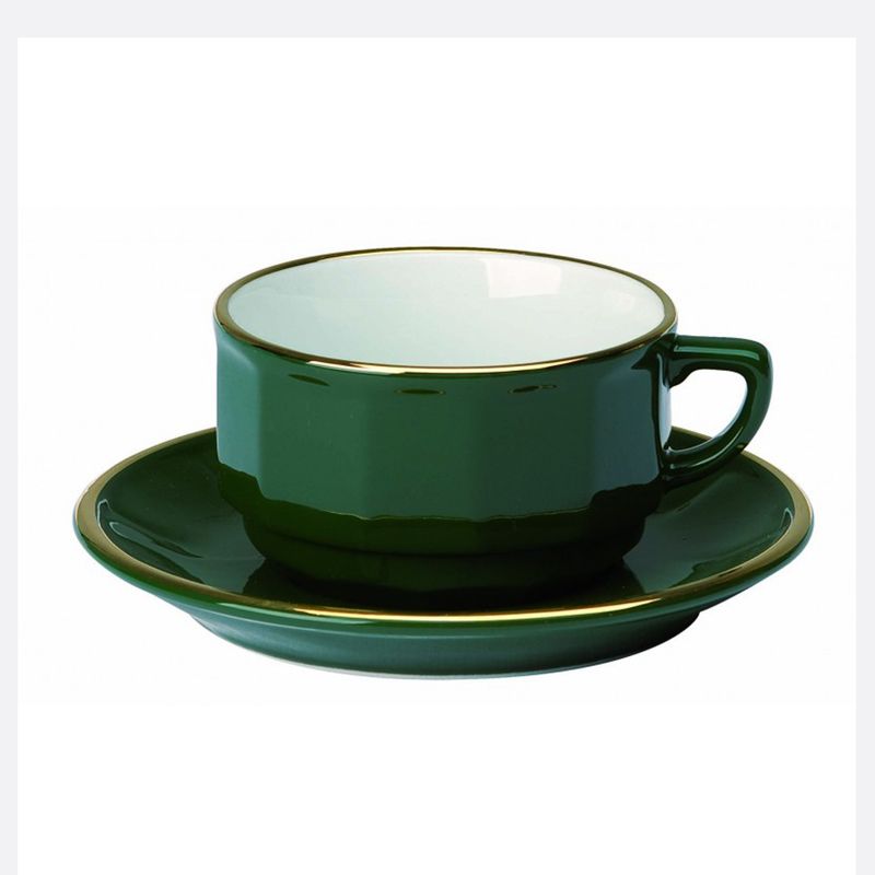 Boite/6 tasses et soucoupes à déjeuner vert empire bord or 006765 Flora Apilco - Deshoulières