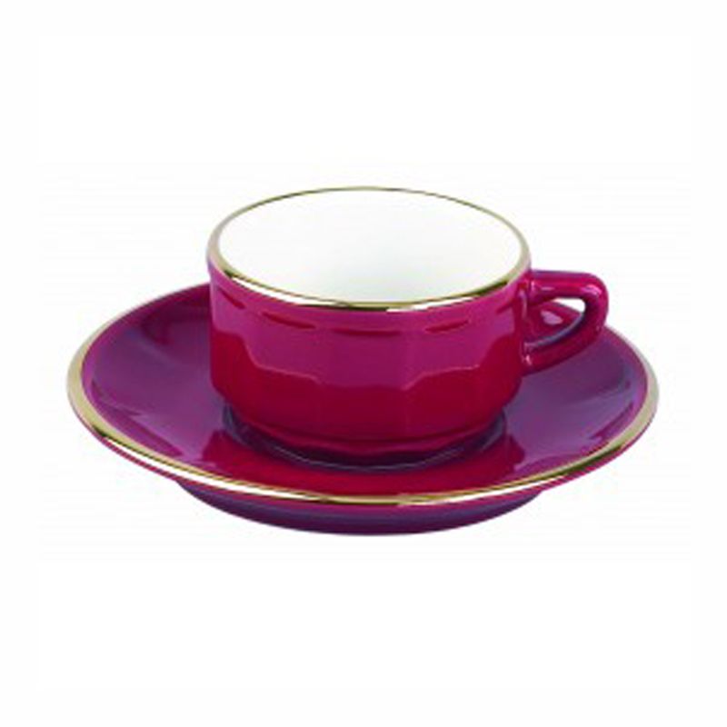 Boite/6 tasses et soucoupes à moka rouge bord or 006782 Flora Apilco - Deshoulières
