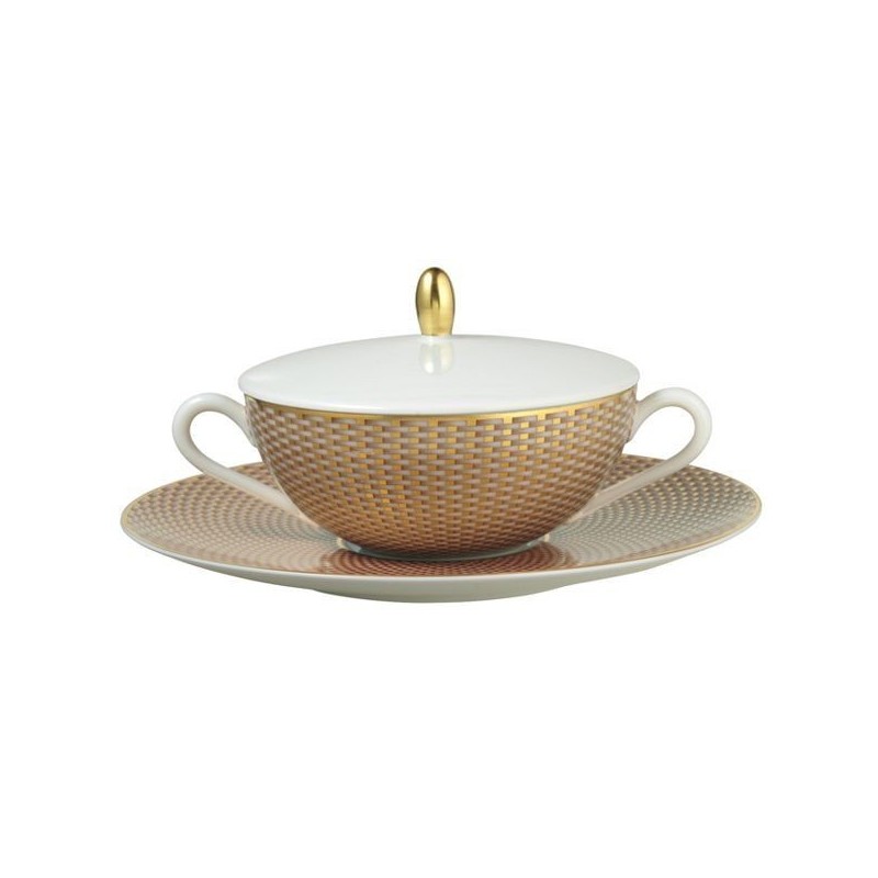Bol et soucoupe à bouillon beige avec couvercle Trésor - Raynaud