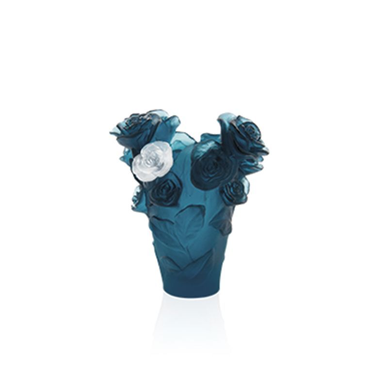 Vase bleu fleur blanche 05287-7 Roses passion - Daum